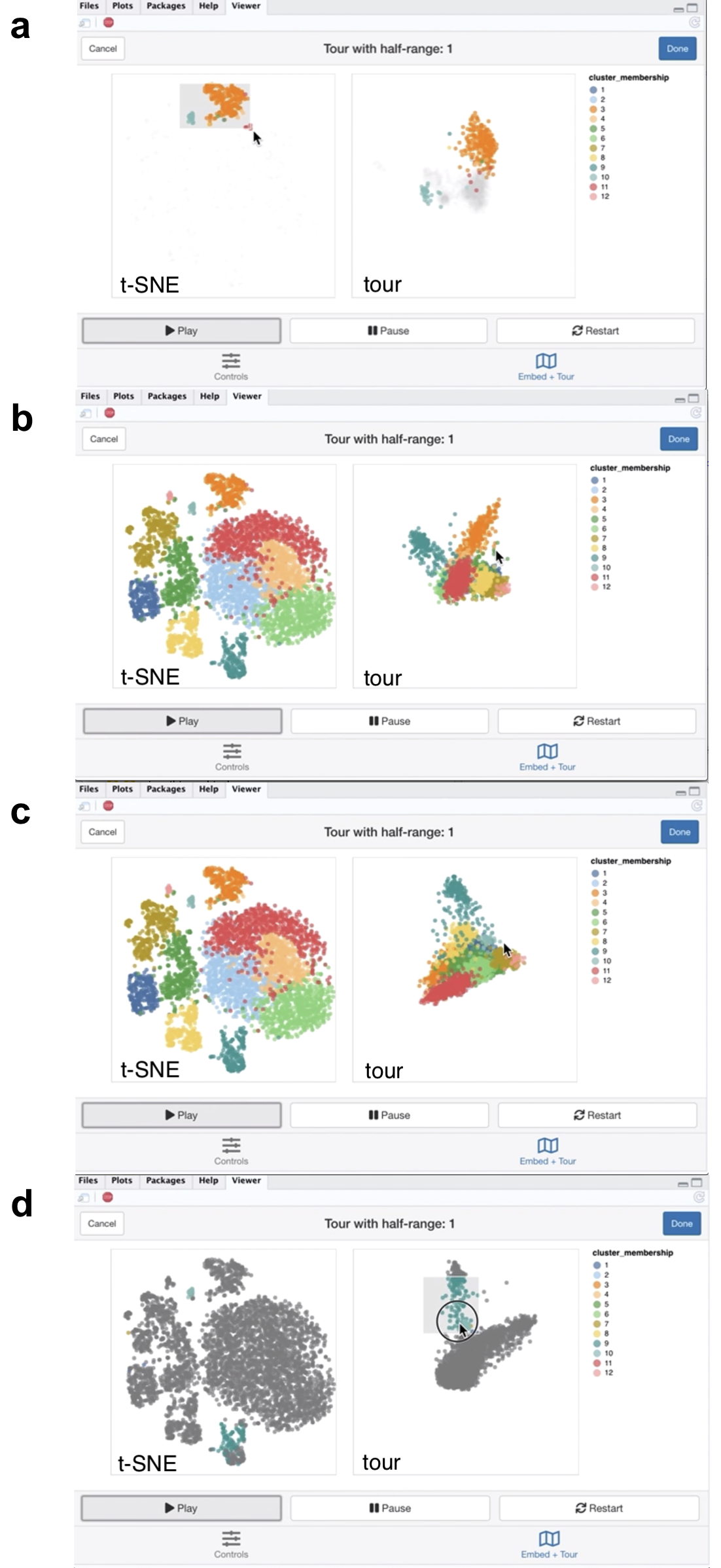 Screenshots of the liminal interface applied to single cell data, a video of the tour animation is available at https://player.vimeo.com/video/439635812.