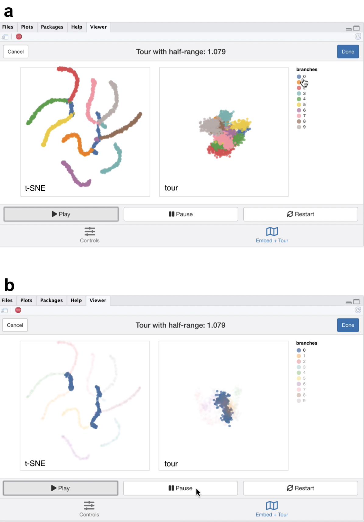 Screenshots of the liminal interface applied to tree structured data, a video of the tour animation is available at https://player.vimeo.com/video/439635892.