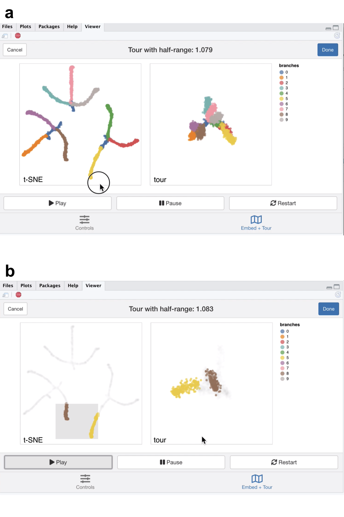 Screenshots of the liminal interface applied to tree structured data, a video of the tour animation is available at https://player.vimeo.com/video/439635863.